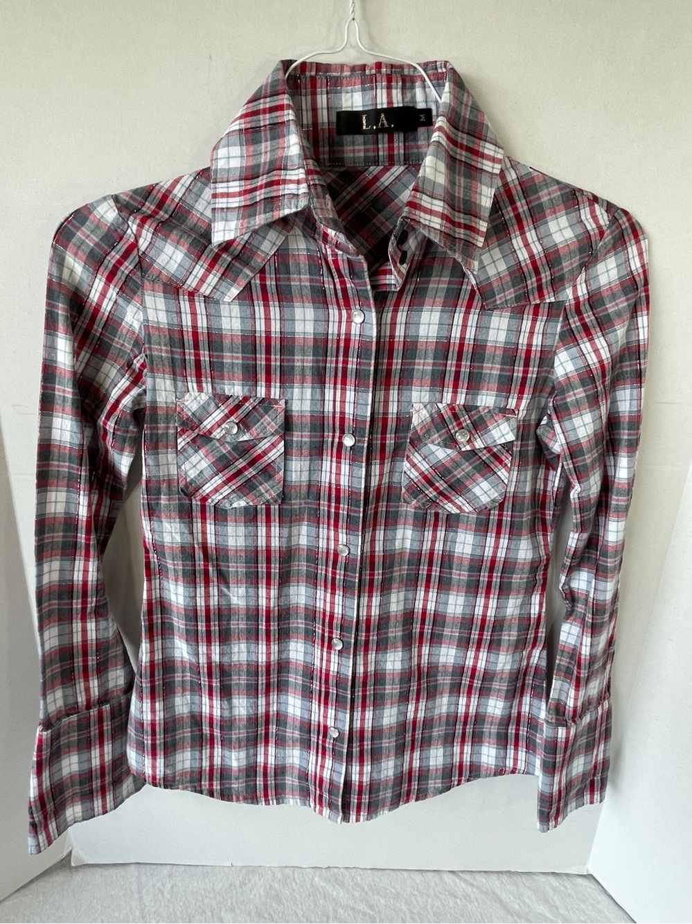 L A Brand Western Shirt Red Gray Silver Threads Pearl Snaps P2P = 16 L=24 M (sm)